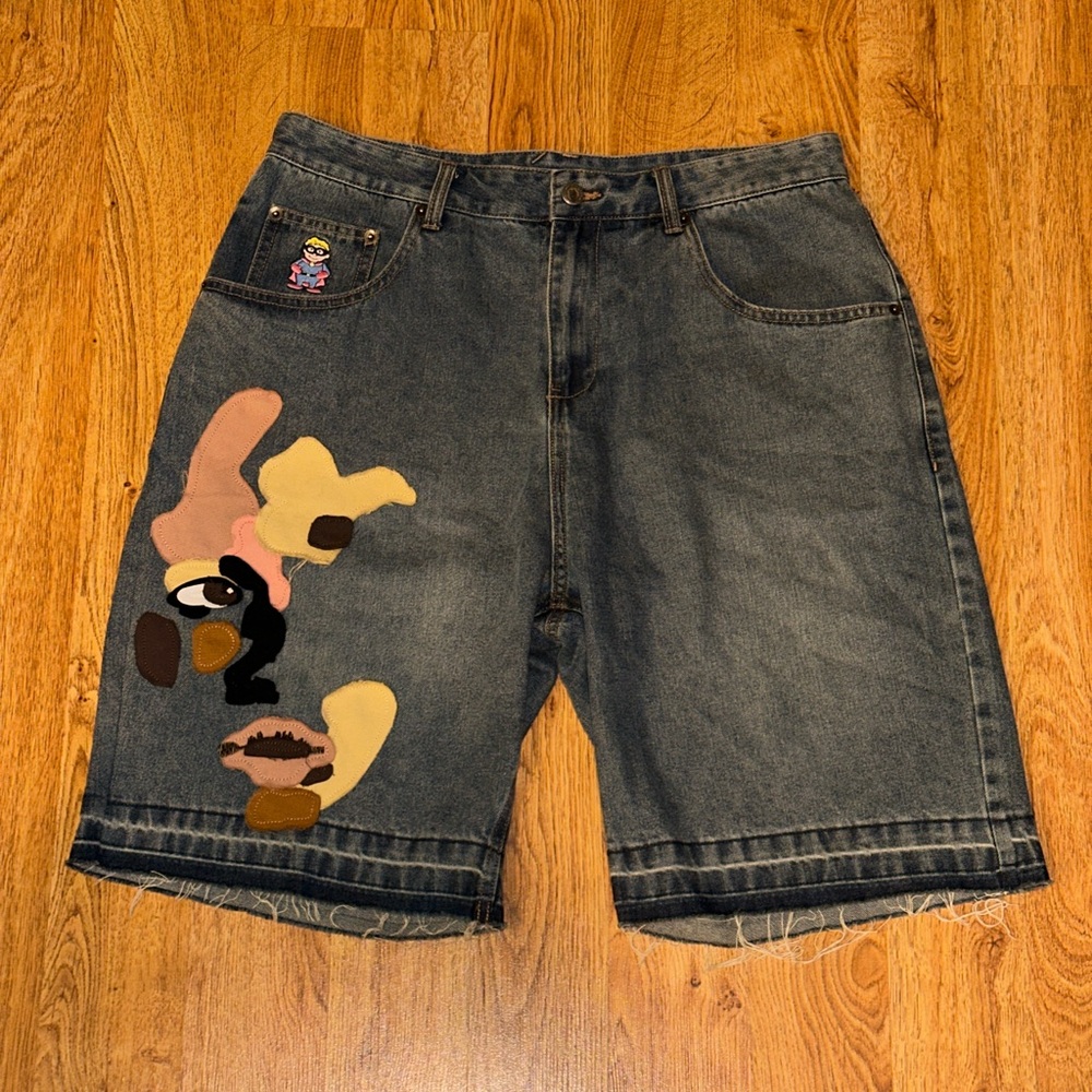 KID SUPER Kidsuper Face Patchwork Baggy Jorts Shorts Light Wash MEDIUM 34 Waist